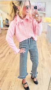 Black Gingham Straight Leg Ruffle Hem Pants