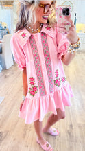 Pink Embroidered Puff Sleeve Mini Dress