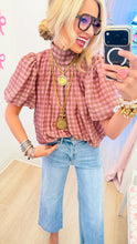 Camel and Pink Gingham Puff Sleeve Top