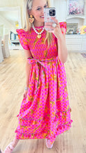 Hot Pink and Orange Cheetah Smocked Midi Dress