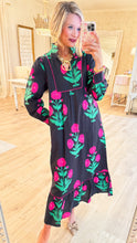 Black and Pink Flower Printed Midi Dress