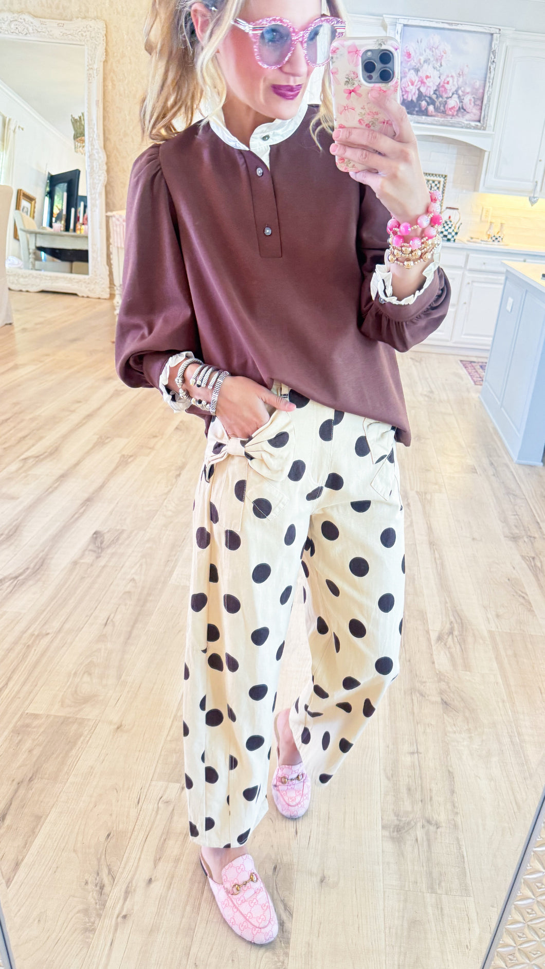 Brown Puff Sleeve Contrast Collar Top