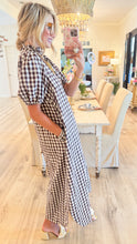 Brown Gingham Ruffle Neck Midi Dress