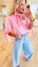 Neon Pink Stripe Bow Sleeve Top