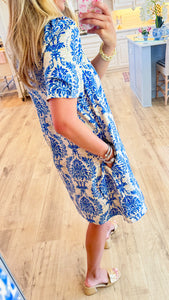 Blue Printed Short Sleeve Dress