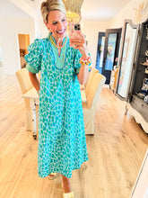 Green Leopard Puff Sleeve Midi Dress