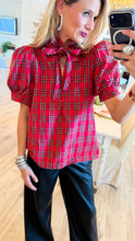 Red Plaid Ruffle Neck Top