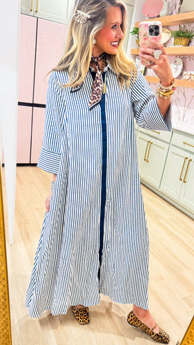 Indigo Stripe 3/4 Sleeve Midi Dress