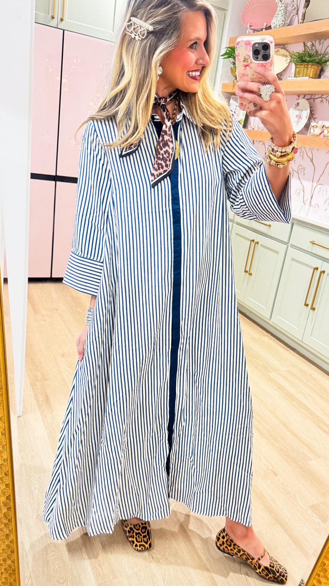 Indigo Stripe 3/4 Sleeve Midi Dress