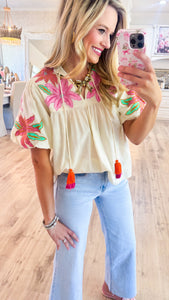 THML Cream Floral Embroidered Tassel Tie Top