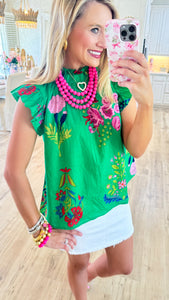 THML Green Flutter Sleeve Floral Top