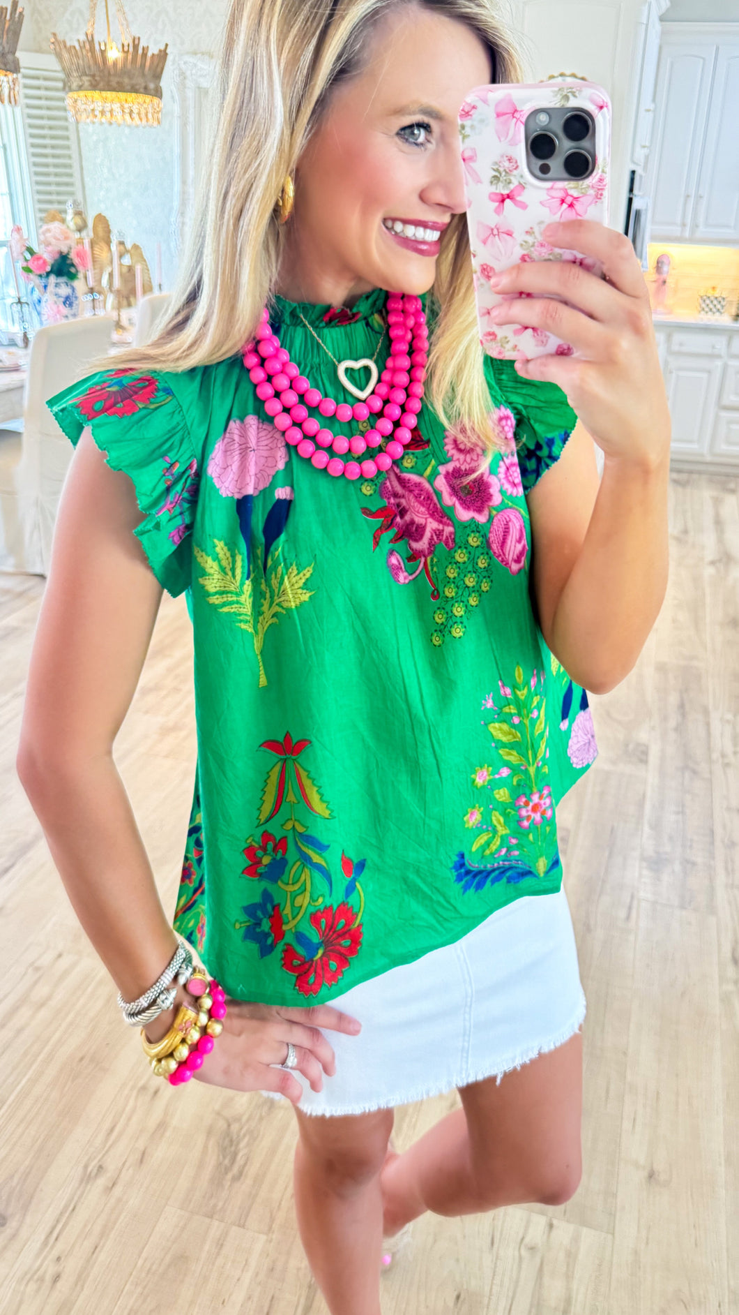 THML Green Flutter Sleeve Floral Top