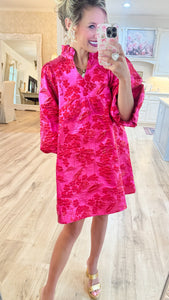 Hot Pink Ruffle Neck Jacquard Dress