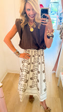 Cream and Brown Floral Embroidered Midi Skirt