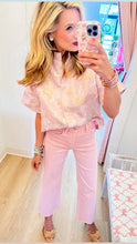 Pink Floral Jacquard Stand Collar Top