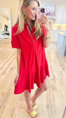 Red Navy Accented Tab Pullover Mini Dress