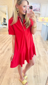 Red Navy Accented Tab Pullover Mini Dress