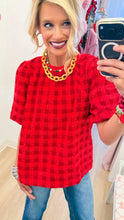 Red Gingham Metallic Bubble Sleeve Top