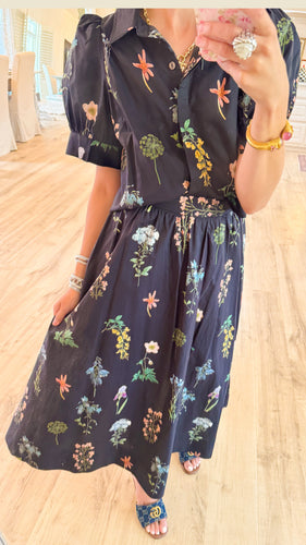 Black Flower Print Midi Skirt Set
