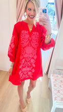 Red and Neon Pink Floral Embroidered Dress
