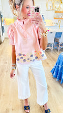 Pale Pink Floral Embroidered Puff Sleeve Top