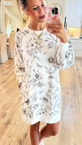 White and Black Floral Print French Terry Mini Dress