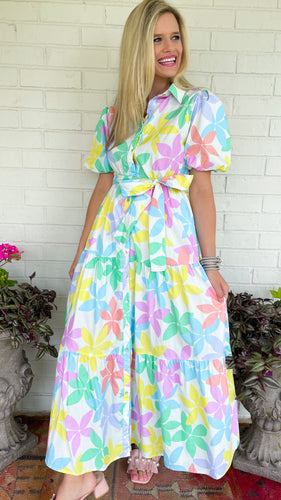 Pastel Floral Puff Sleeve Maxi Dress