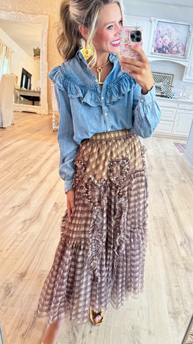 Coffee Ruffle Pearl Detailing Skirt