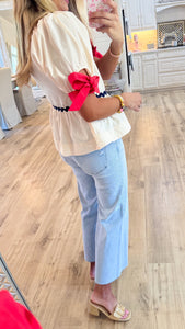 Ecru and Red Ric Rac Trim Top