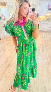 THML Green Floral Puff Sleeve Maxi Dress