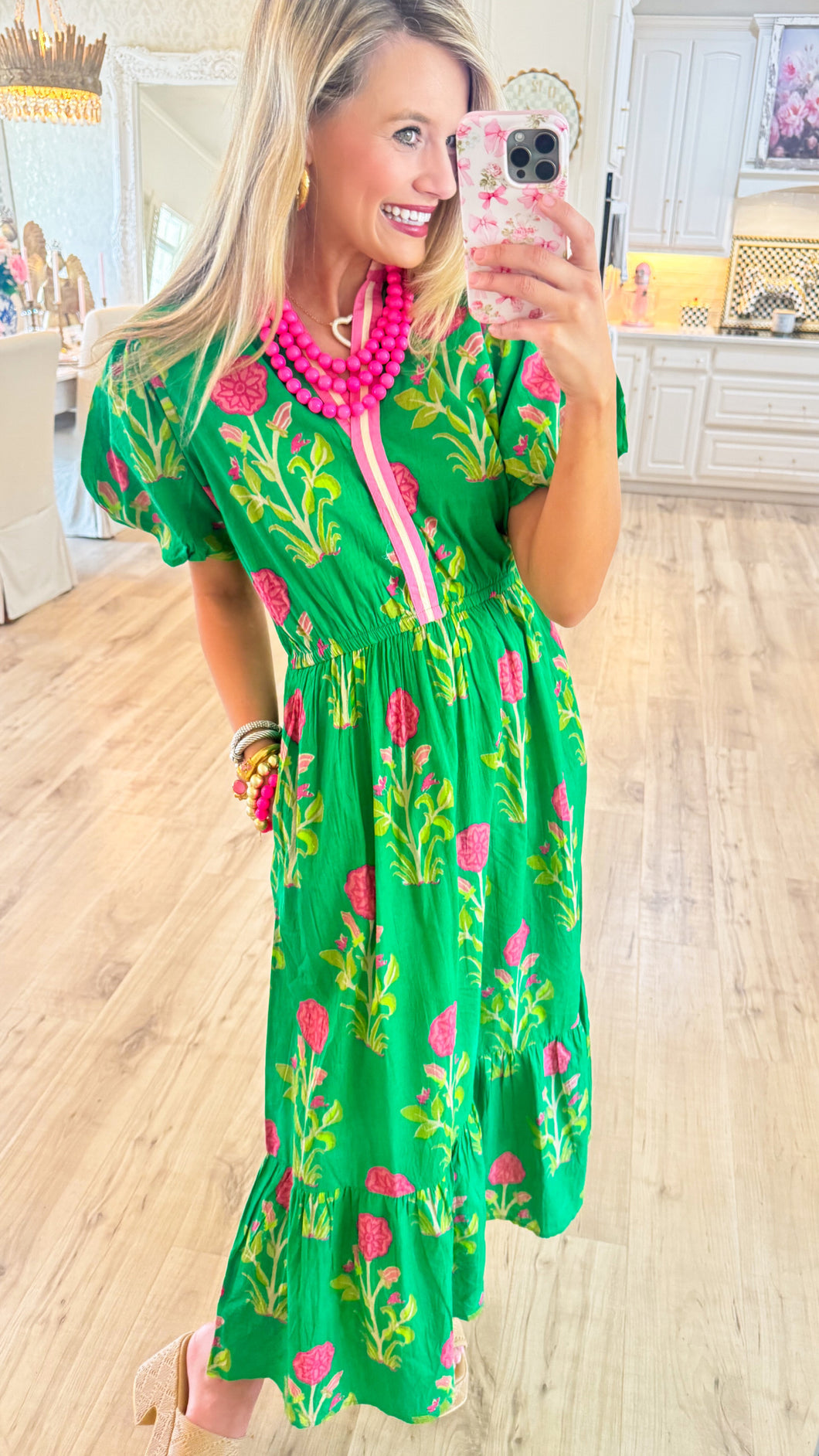 THML Green Floral Puff Sleeve Maxi Dress