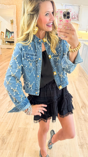 Pearl and Rhinestone Embellished Denim Jacket