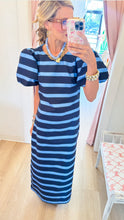 Navy and Blue Stripe Puff Sleeve Maxi Dress