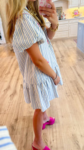 Light Blue Striped Floral Embroidered Dress