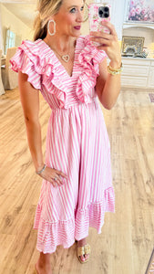 Pink Striped Ruffle Maxi Dress