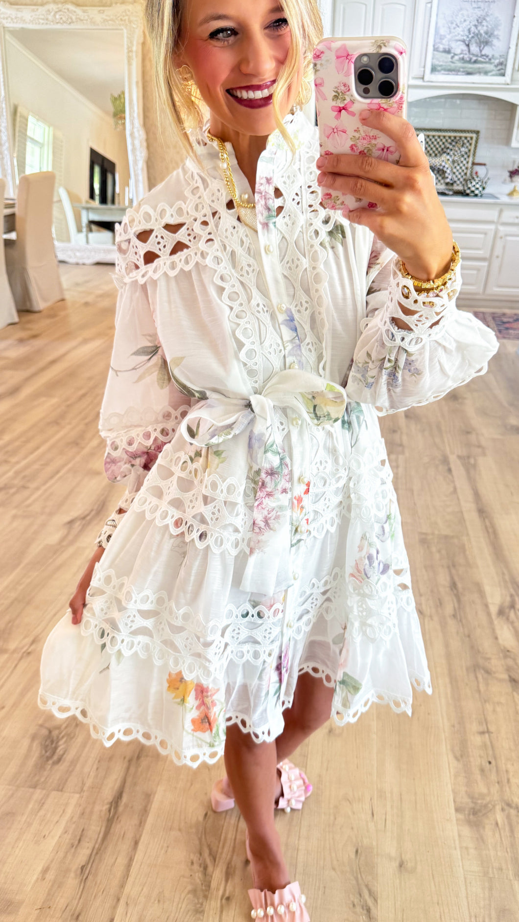 White Floral Eyelet Trim Mini Dress