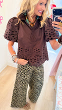 Brown Eyelet Scallop Hem Top