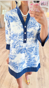 Blue Toile 3/4 Sleeve Dress