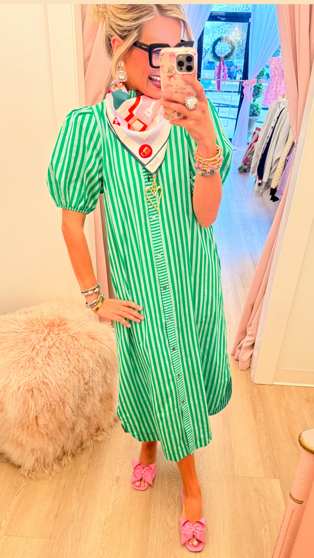 topshop sage green dress Lighthearted Days Green Stripe Belted Button Front Maxi Shirt Dress main image 1