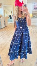 Navy Polka Dot Smocked Midi Dress