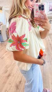 THML Cream Floral Embroidered Tassel Tie Top