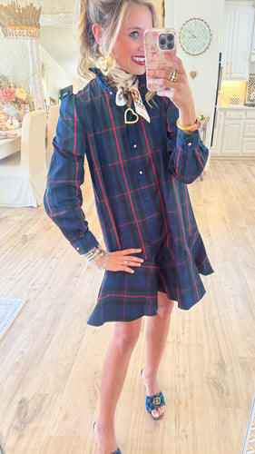 Navy Green Multi Plaid Ruffle Collar Mini Dress