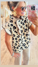 Off White Leopard Pattern Ruffle Neck Top