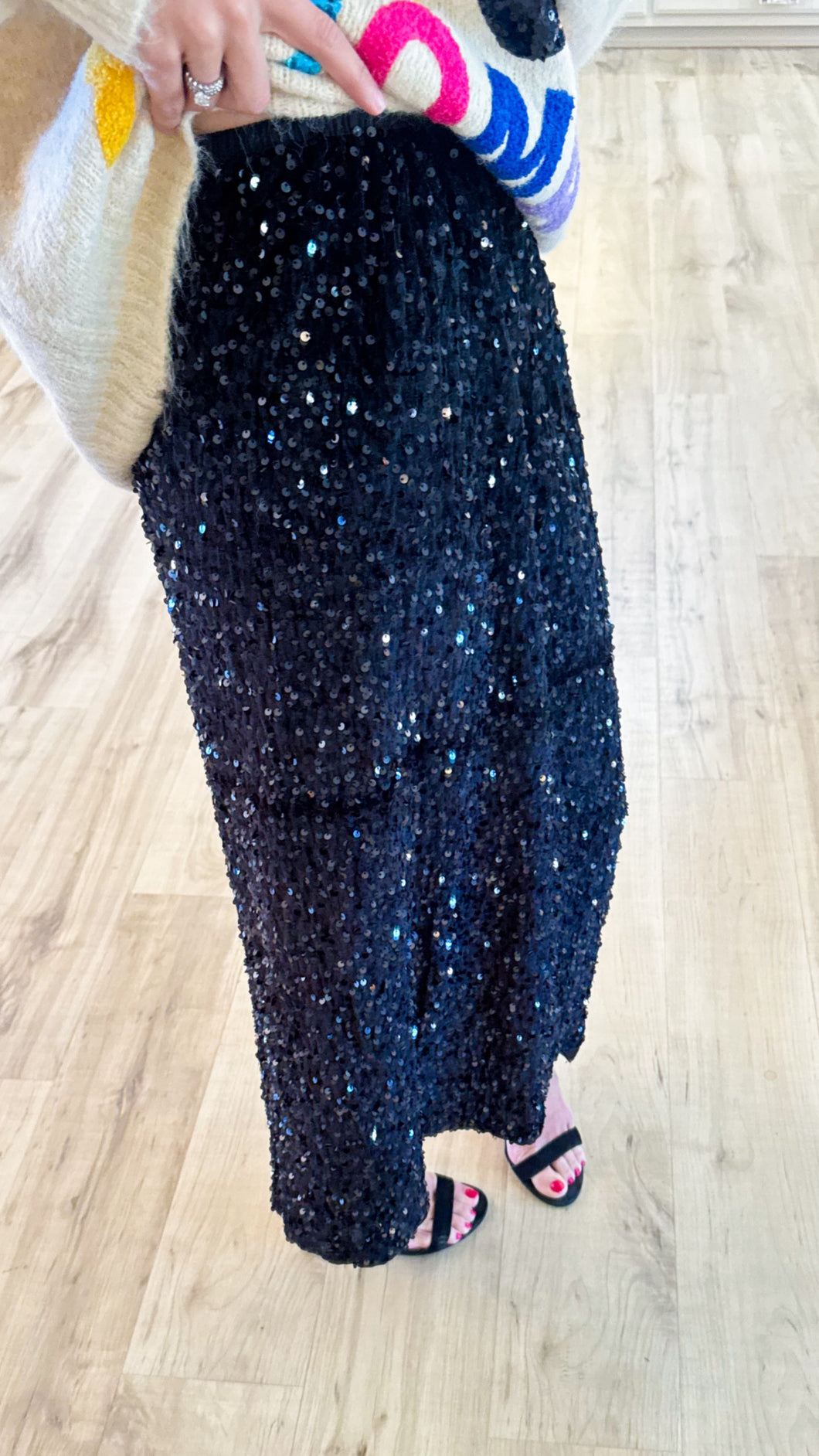 Black Sequin Midi Skirt