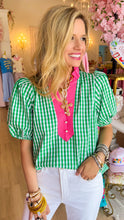 Green Gingham Puff Sleeve Top