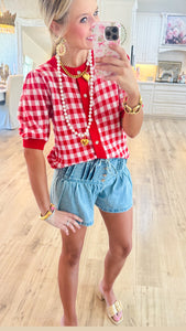 Red and White Gingham Cardigan