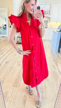 Red Flutter Sleeve Button Up Maxi Dress