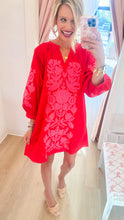 Red and Neon Pink Floral Embroidered Dress
