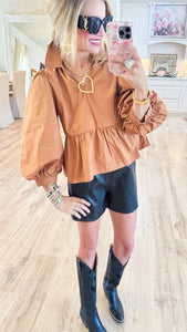 Toffee Balloon Sleeve Peplum Top