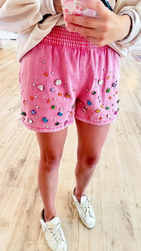 Pink Denim Rainbow Crystal Shorts